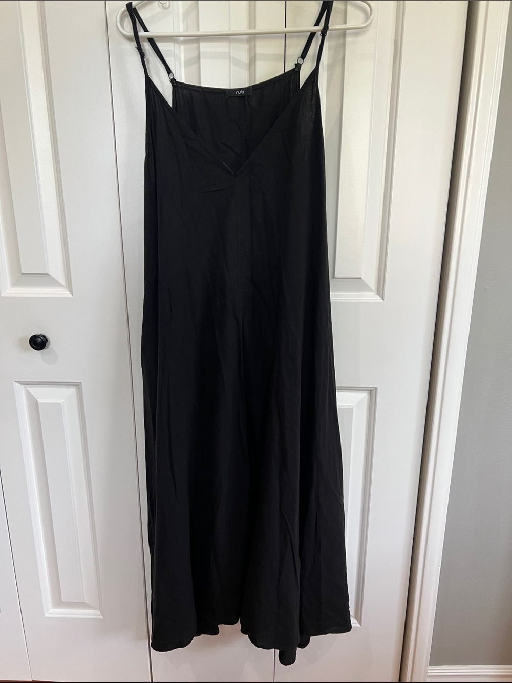 Ruti Asymmetrical Black Slip Dress with Adjustable Straps-linen blend